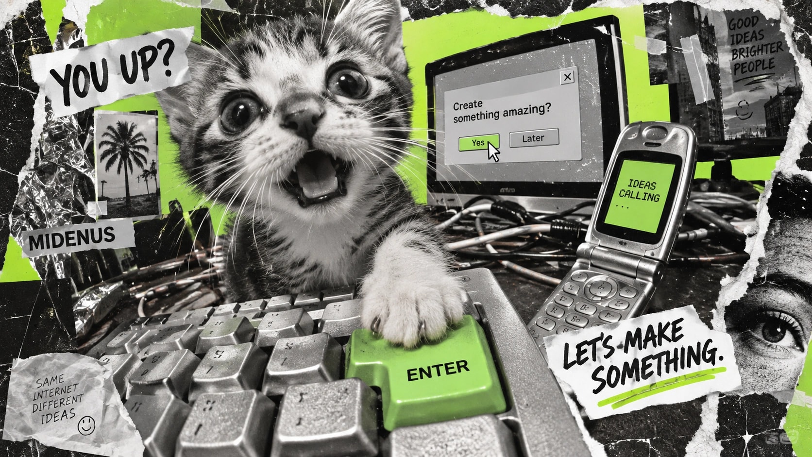 A kitten pressing a green Enter key next to a retro computer