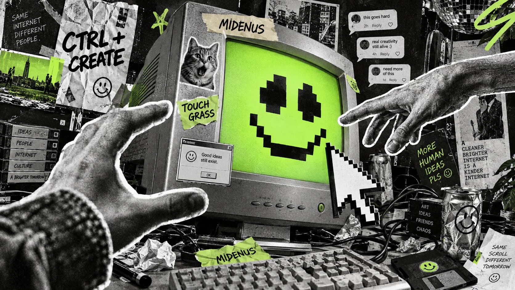 A retro computer, pixel cursor and photocopied hands in a green and monochrome internet-culture collage